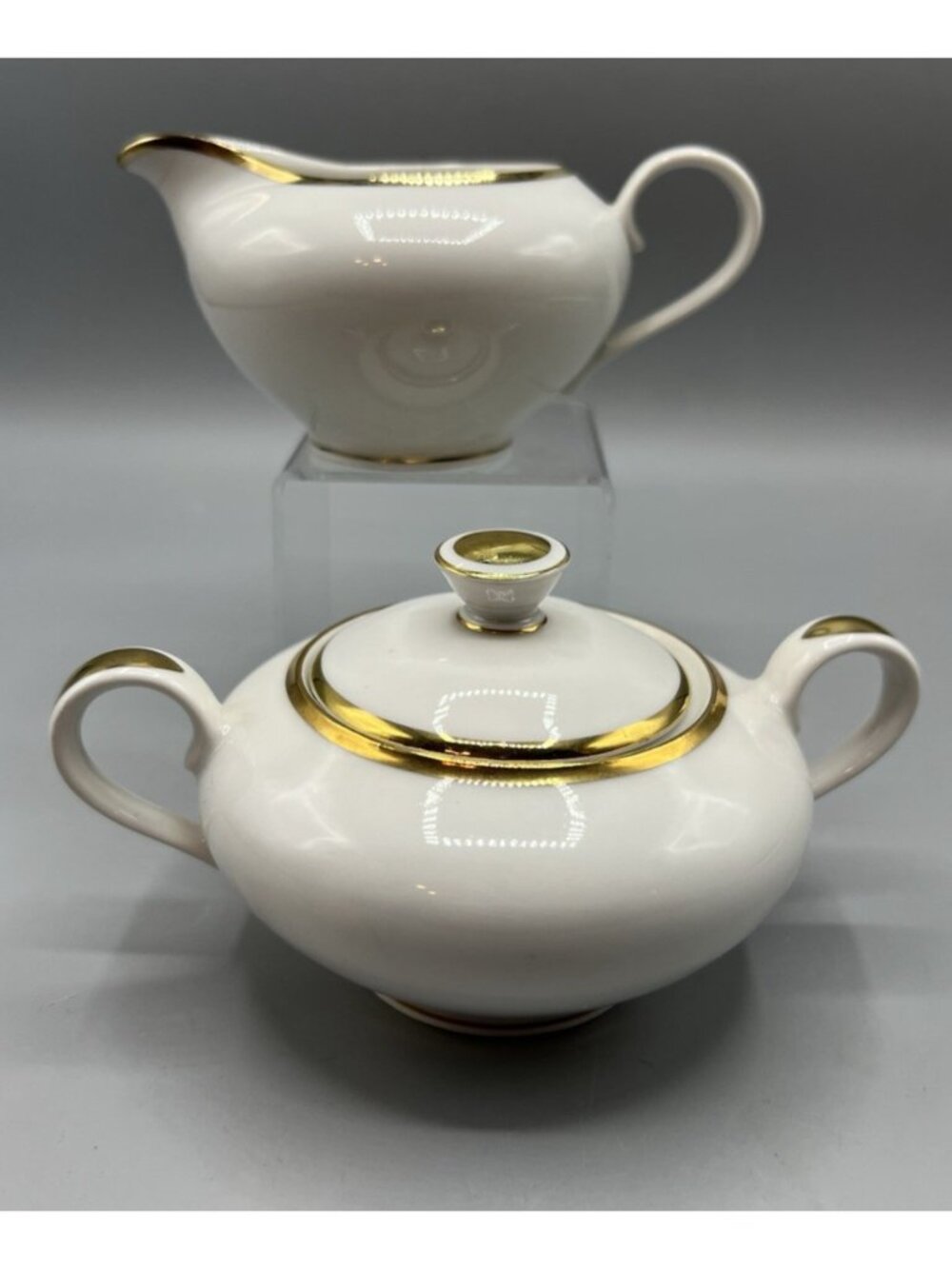 Bavarian Germany Sugar Bowl and Creamer Set 1960s White Gold Band Fine Dining